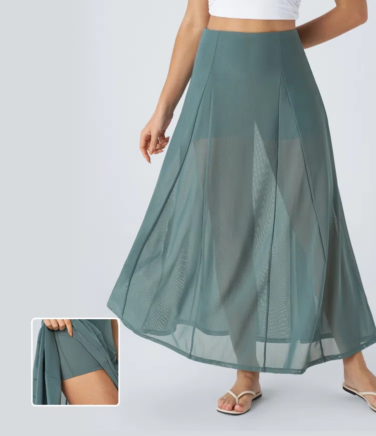 High waist sheer mesh 2-in-1 maxi casual flare skirt