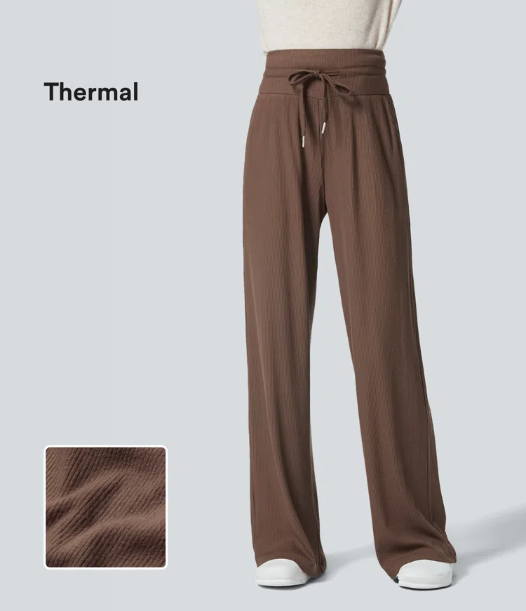 Ribbed Knit High Waisted Drawstring Pocket Straight Leg Thermal Lounge Pants