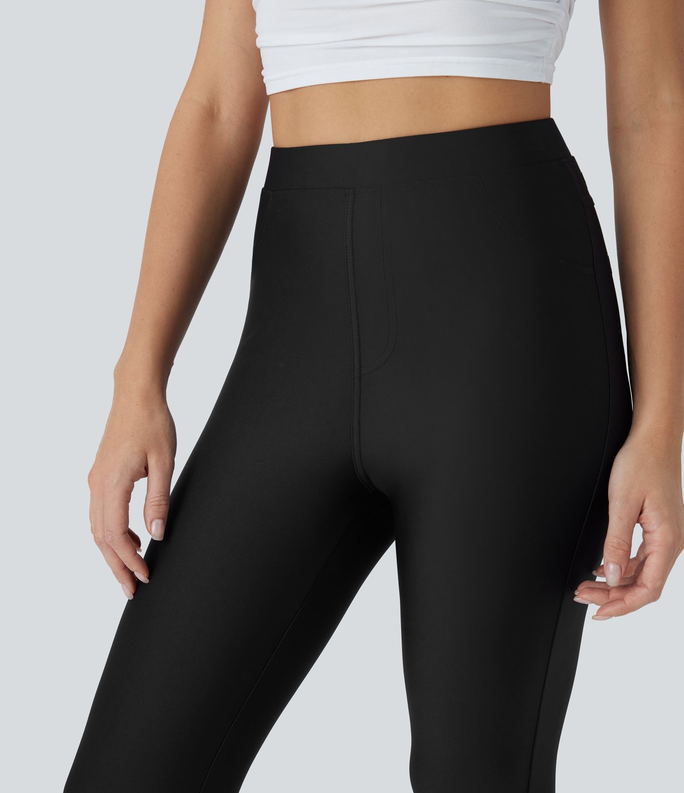 High Waisted Sheen Casual Skinny Trousers with Pockets