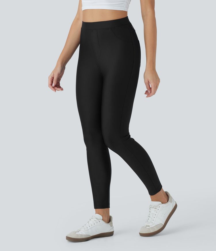 High Waisted Sheen Casual Skinny Trousers with Pockets