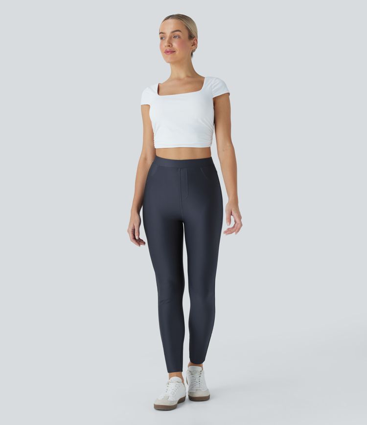 High Waisted Sheen Casual Skinny Pants with Pockets