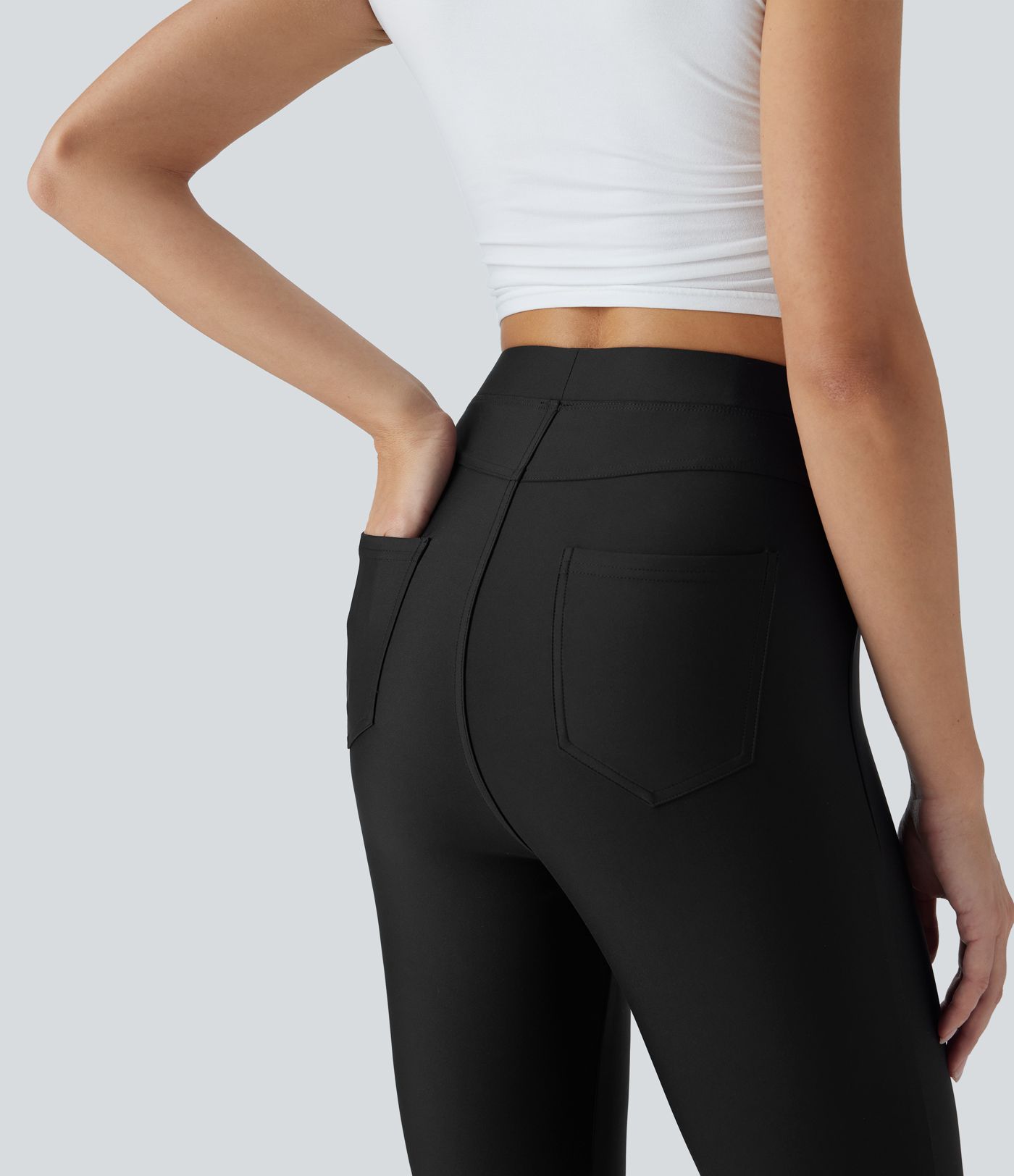 High Waisted Sheen Casual Skinny Trousers with Pockets