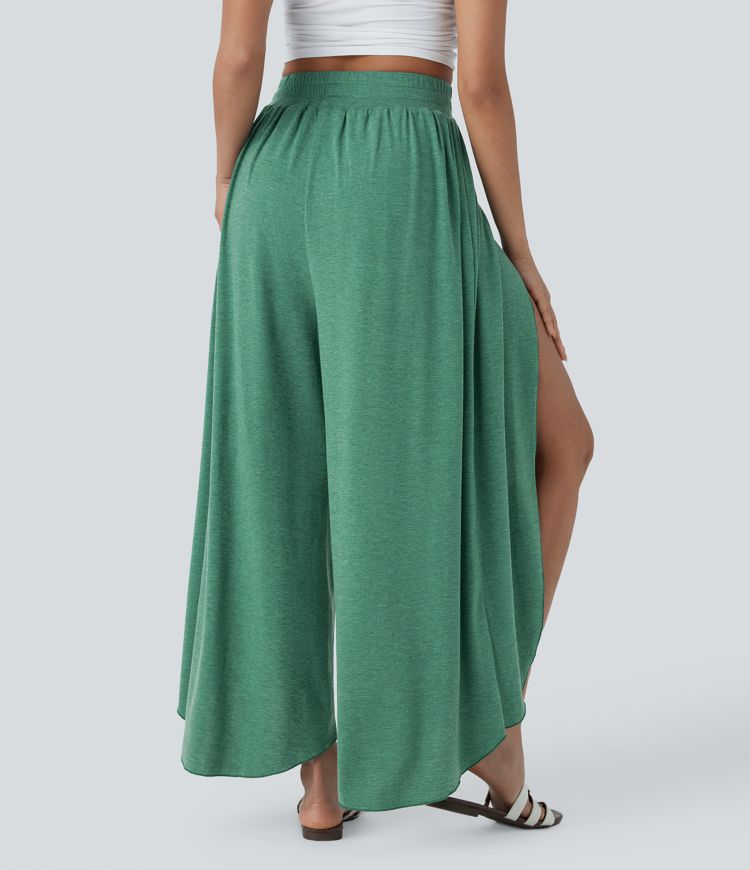 High Waisted 2-in-1 Flowy Wide Leg Casual Pants