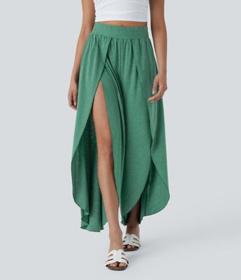 Pantalones Casuales Fluidos de Pierna Ancha con Cintura Alta 2 en 1