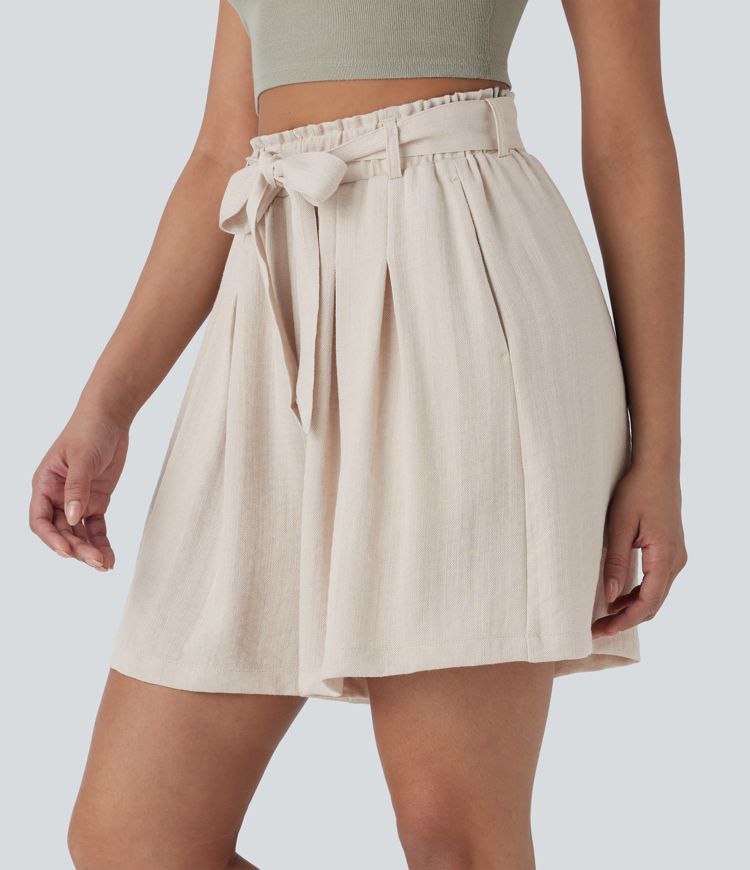High Waisted Belted Casual Linen-Feel Bermuda Shorts with Pockets