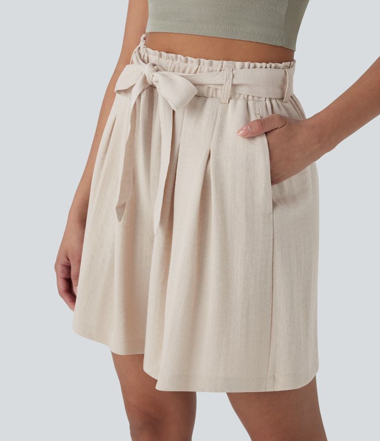High Waisted Belted Casual Linen-Feel Bermuda Shorts with Pockets