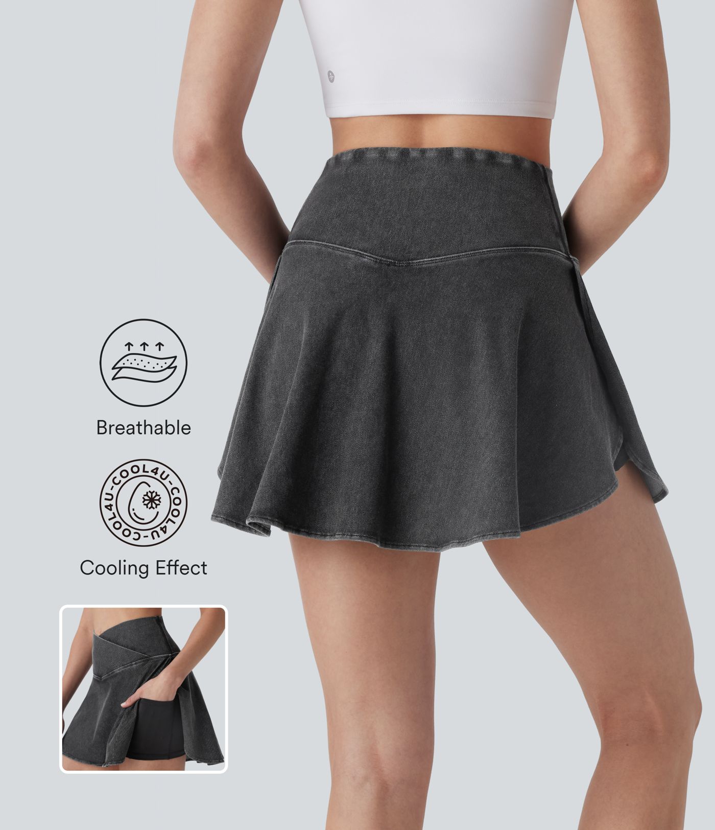 Halara Flex™ High Waisted Crossover 2-in-1 Cool Touch Washed Denim Mini Casual Skirt with Pocket
