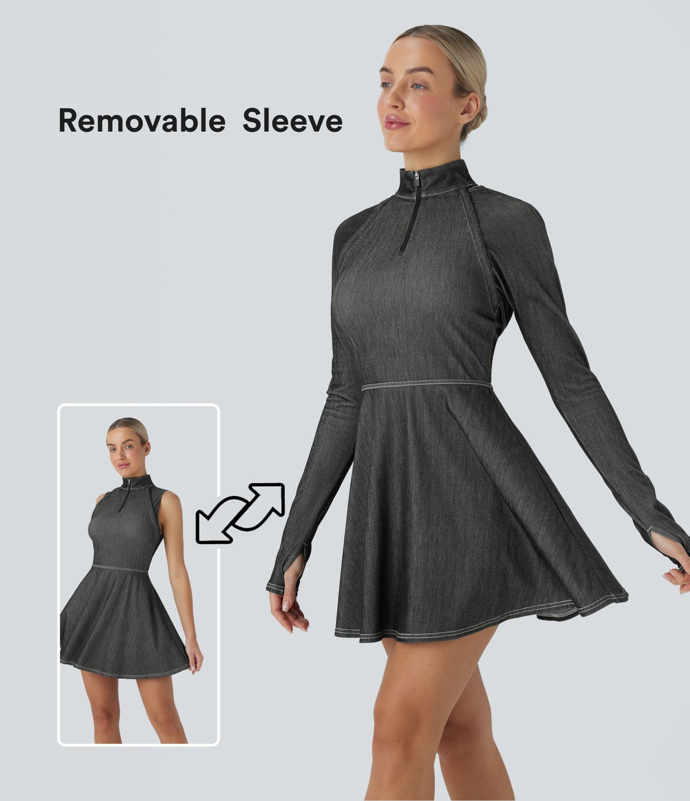 Halara Flex™ Reißverschluss Abnehmbare Ärmel Daumenloch Flare Mini Cool Touch Washed Stretchy Knit Denim Tennis Active Dress