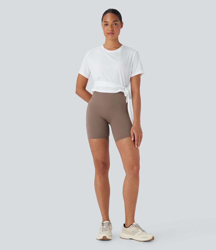 Round Neck Short Sleeve Backless Tie Side Yoga Sports Top