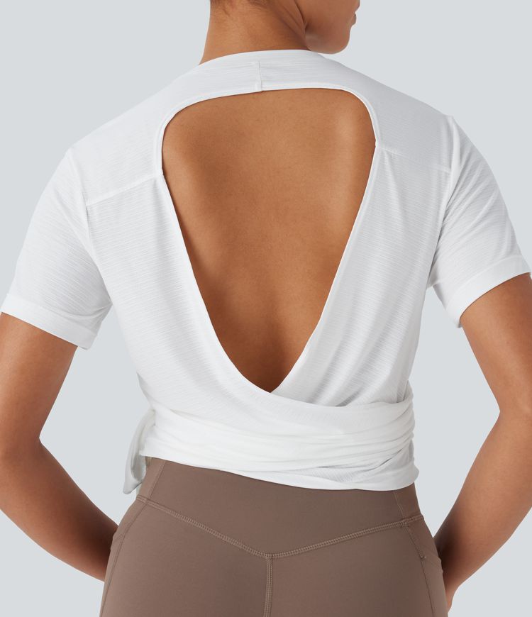 Round Neck Short Sleeve Backless Tie Side Yoga Sports Top