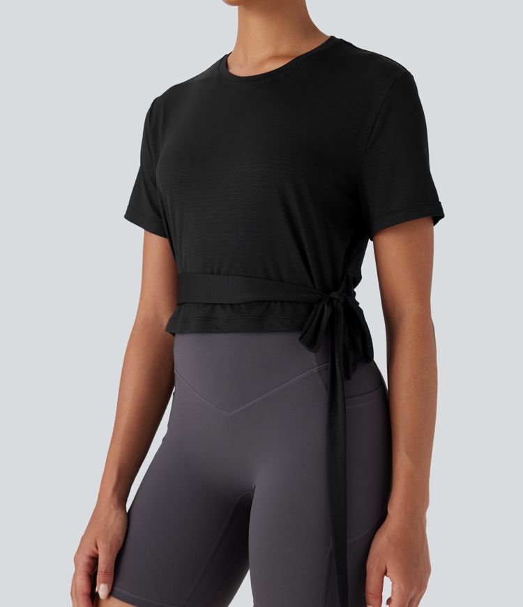 Round Neck Short Sleeve Tie Side Yoga Sports Top