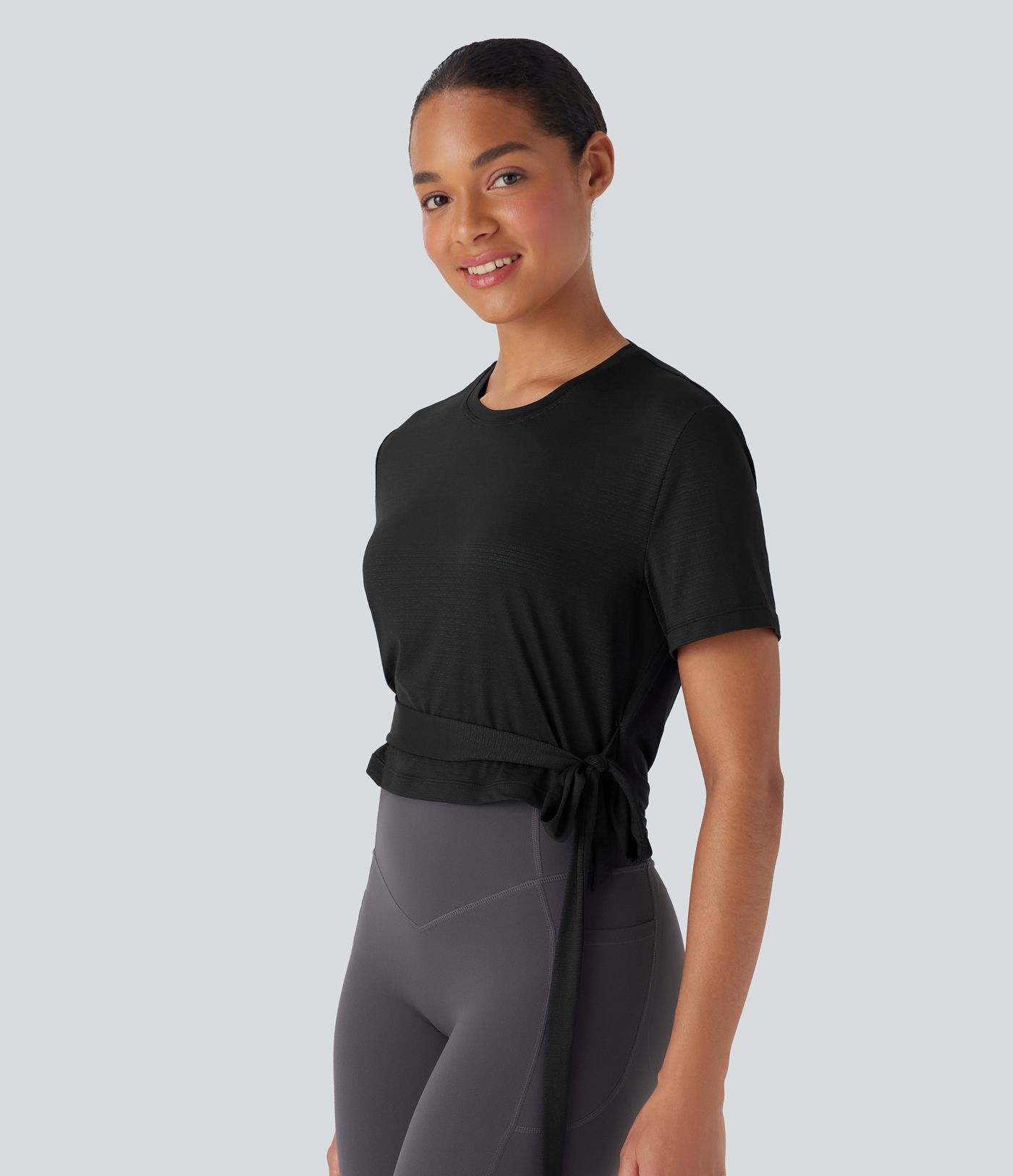 Round Neck Short Sleeve Tie Side Yoga Sports Top