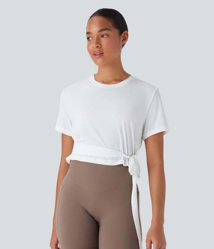 Round Neck Short Sleeve Backless Tie Side Yoga Sports Top