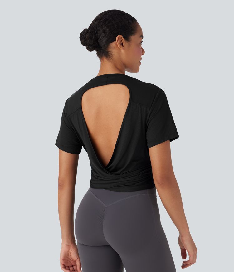 Round Neck Short Sleeve Tie Side Yoga Sports Top