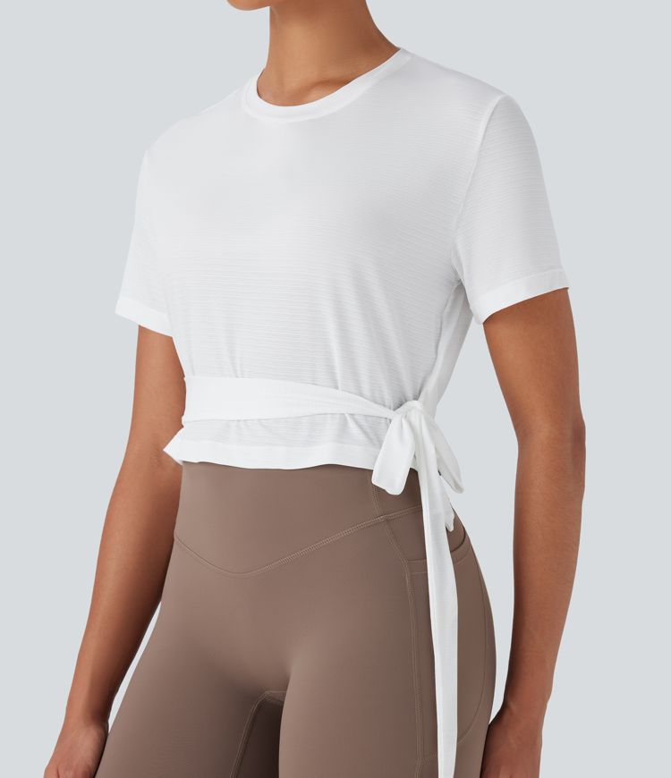 Round Neck Short Sleeve Backless Tie Side Yoga Sports Top