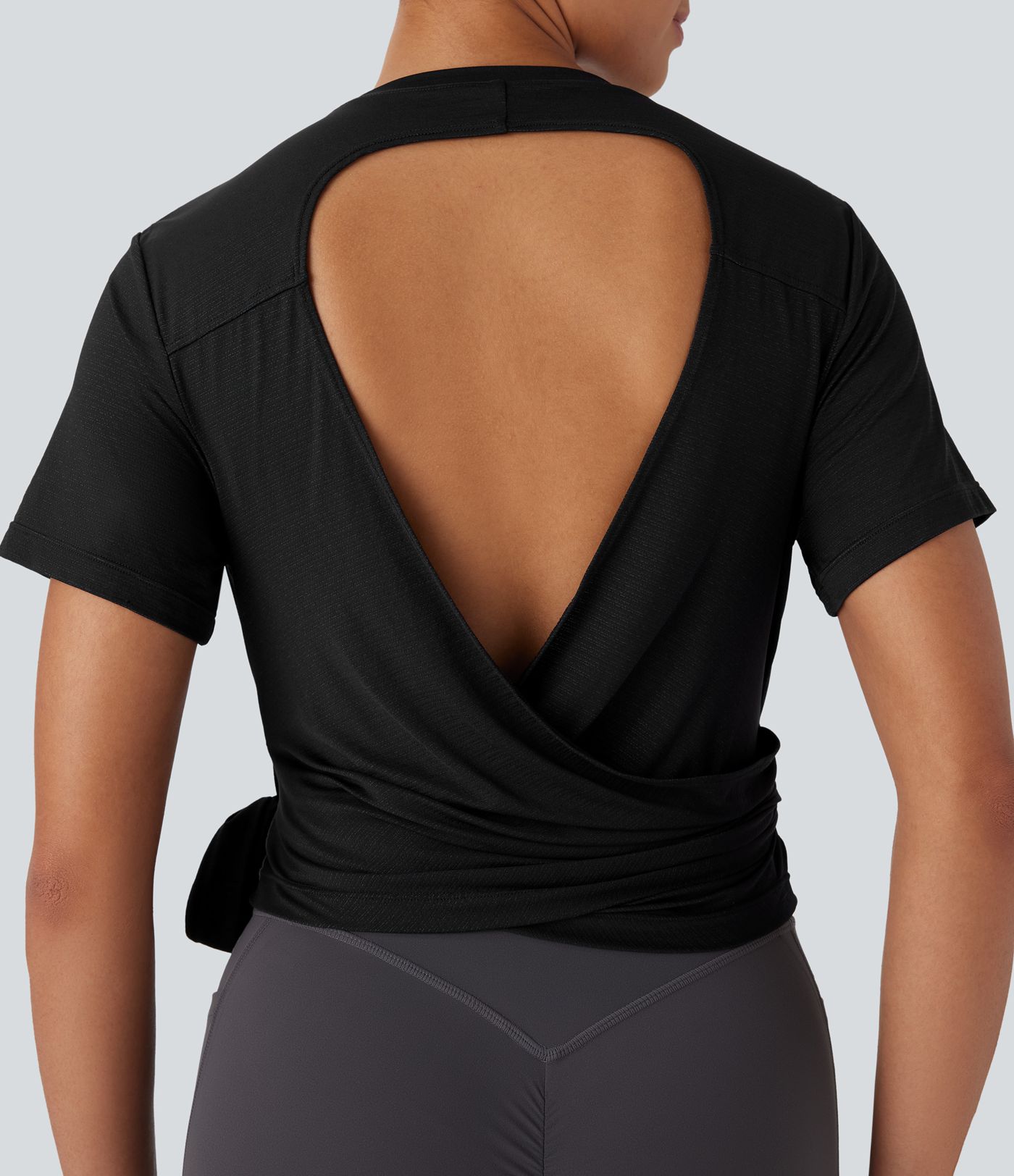 Round Neck Short Sleeve Tie Side Yoga Sports Top