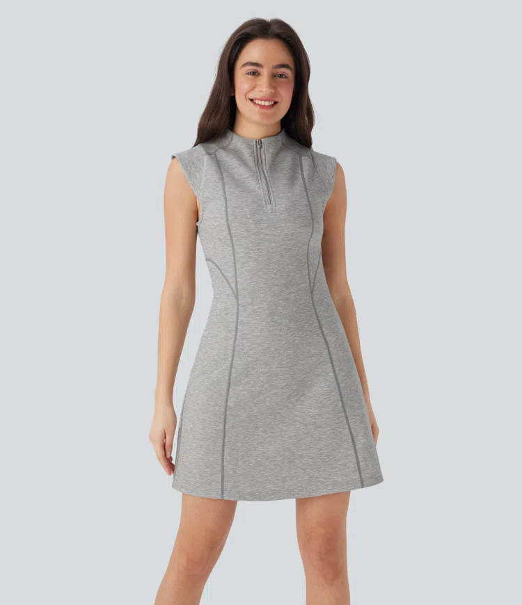 Half Zipper Stand Collar Sleeveless Top-stitching Mini Tennis Active Dress