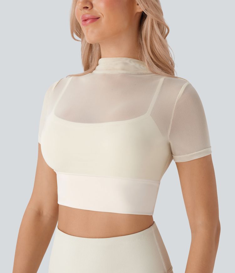 Kurzes 2-in-1 Yoga-Sport-Top aus kontrastierendem Netzstoff mit kurzen Ärmeln