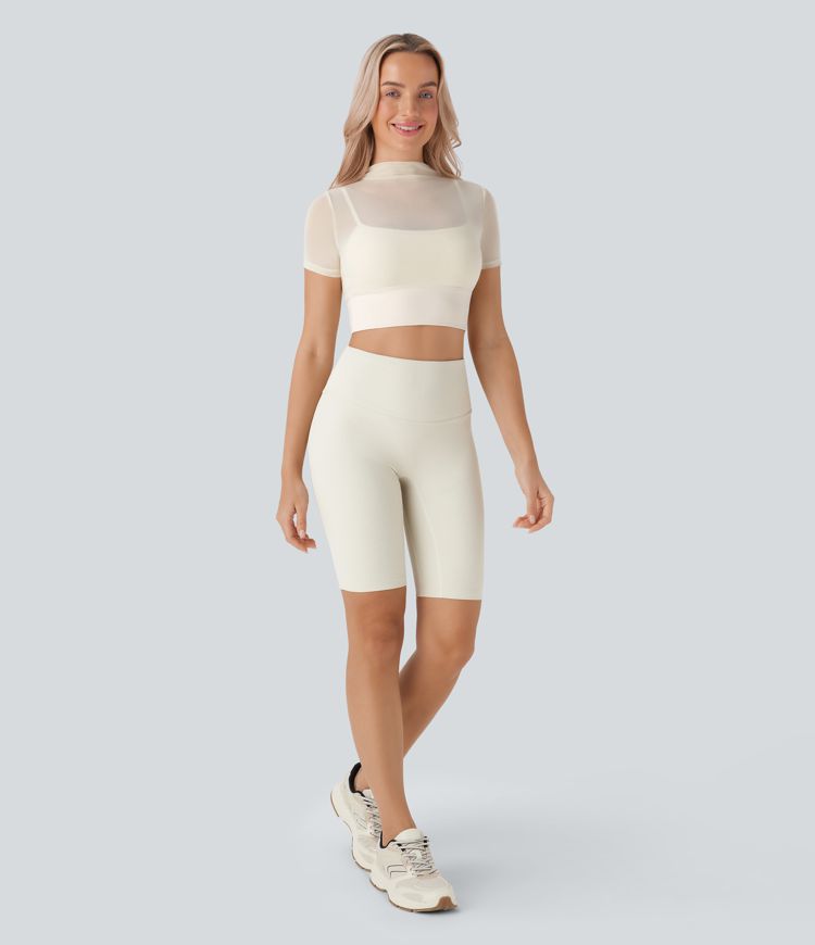 Kurzes 2-in-1 Yoga-Sport-Top aus kontrastierendem Netzstoff mit kurzen Ärmeln