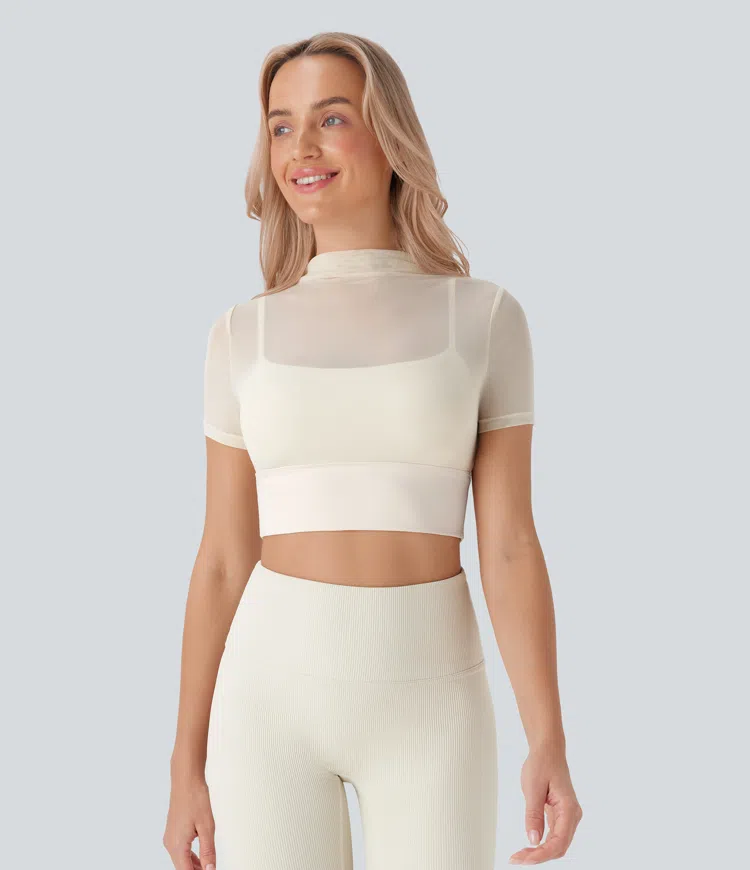Contrast Mesh Short Sleeve 2-in-1 Cropped Yoga Sports Top