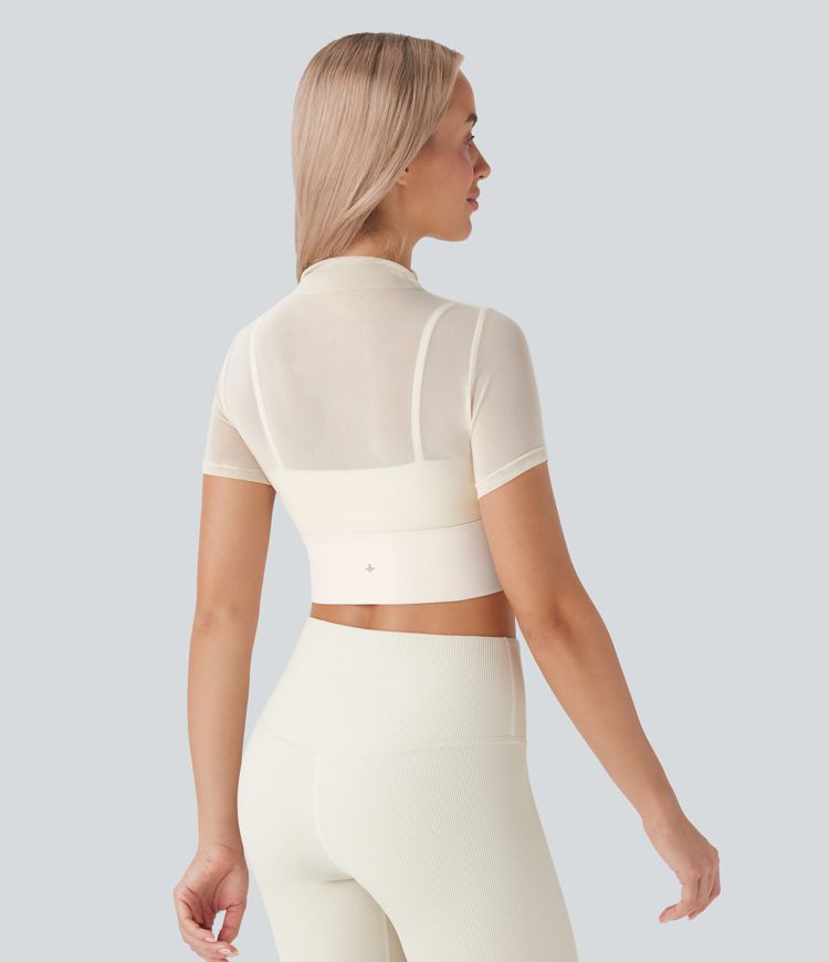 Kurzes 2-in-1 Yoga-Sport-Top aus kontrastierendem Netzstoff mit kurzen Ärmeln