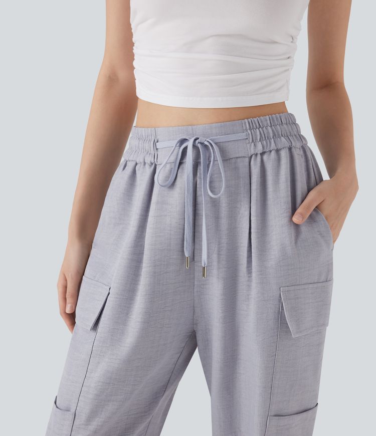 Mid Rise Drawstring Casual Cargo Pants with Pockets
