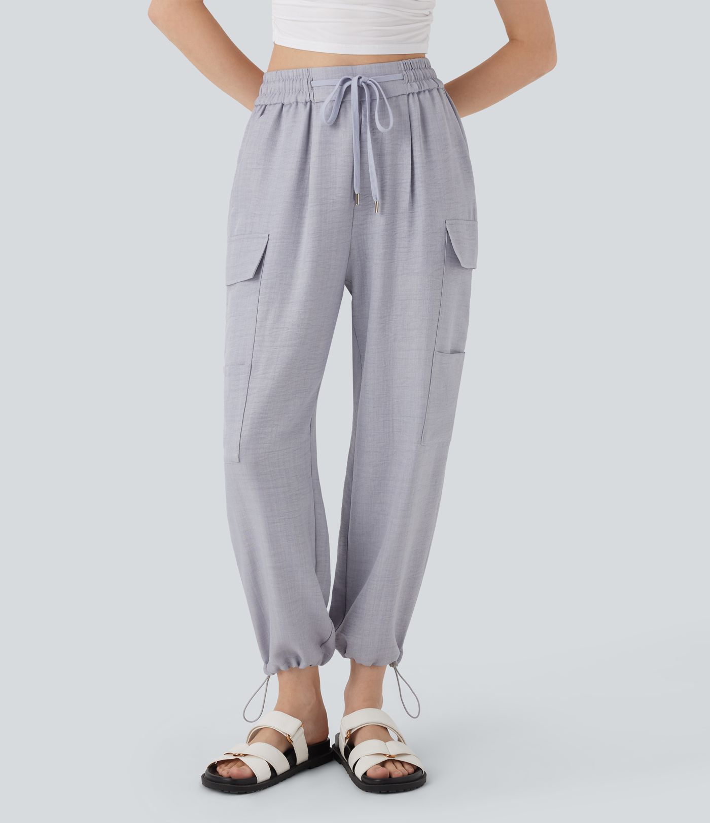 Mid Rise Drawstring Casual Cargo Pants with Pockets