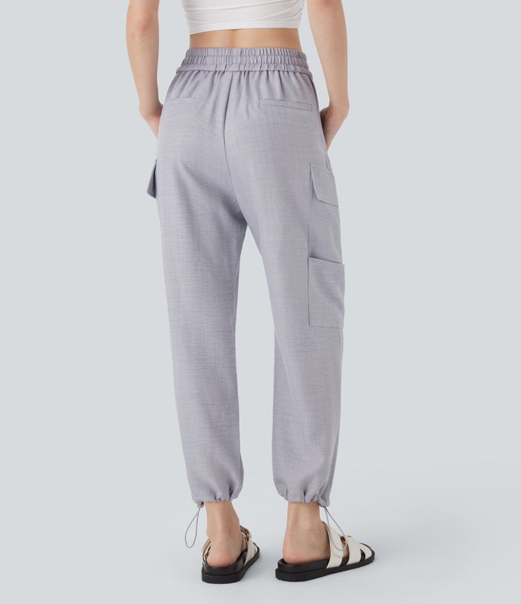 Mid Rise Drawstring Casual Cargo Pants with Pockets