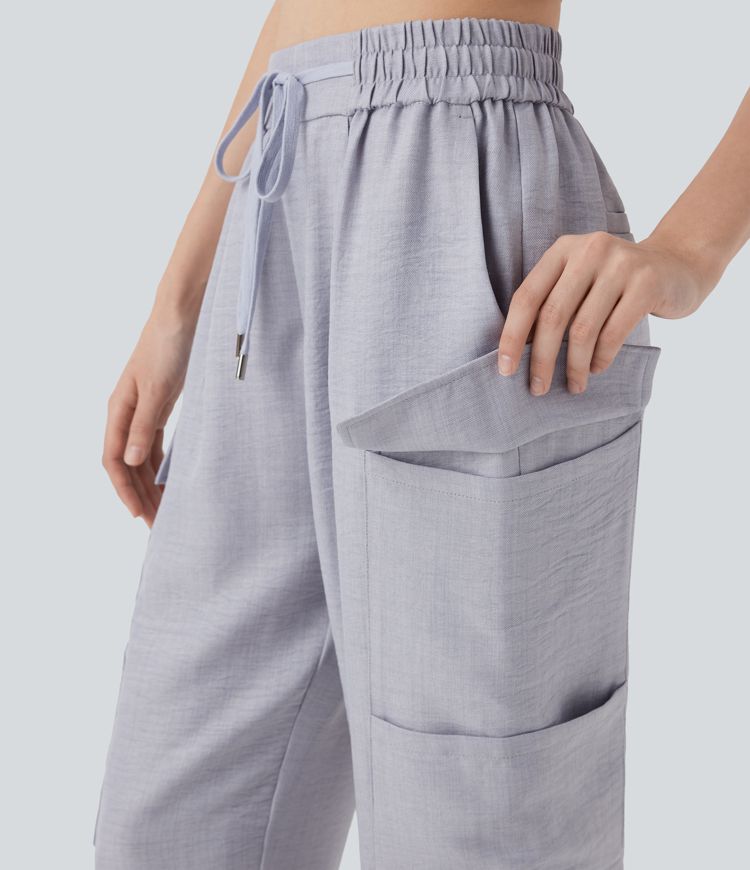 Mid Rise Drawstring Casual Cargo Pants with Pockets