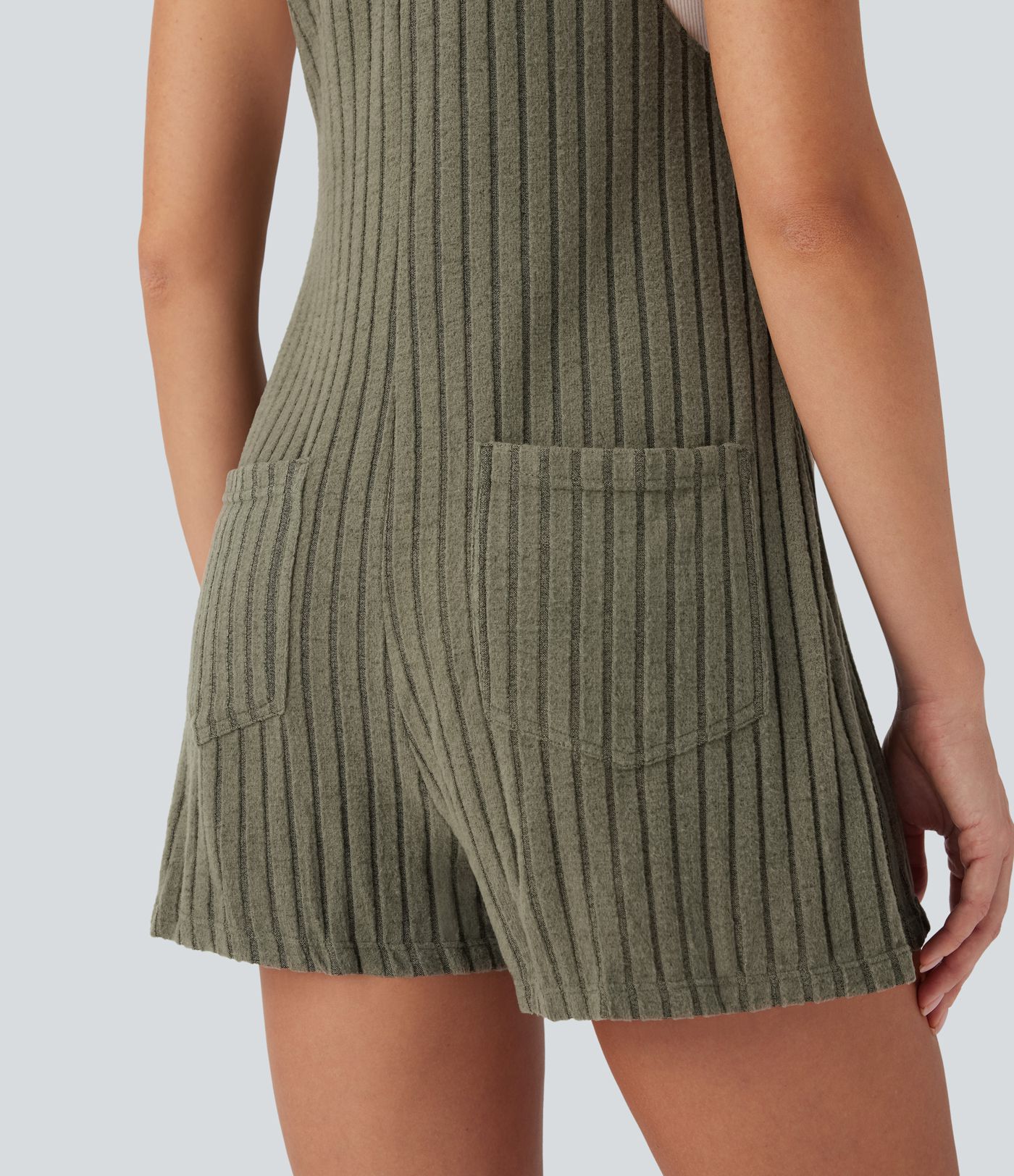 Ribbed Knit Pockets Casual Overalls