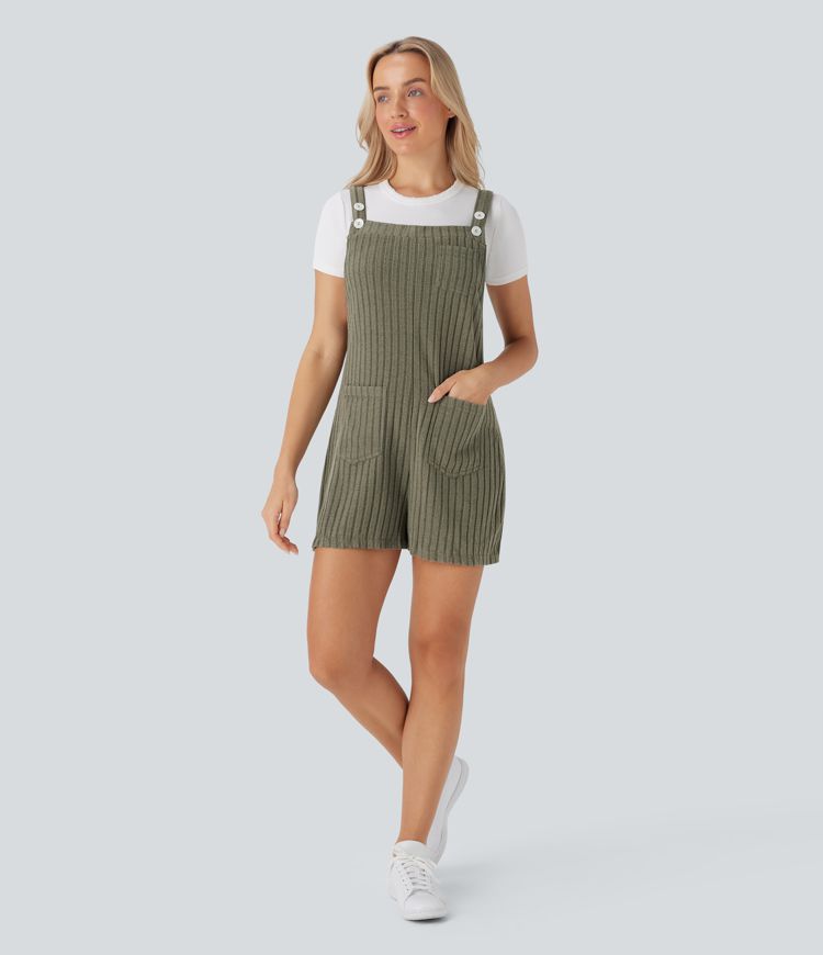 Ribbed Knit Pockets Casual Overalls