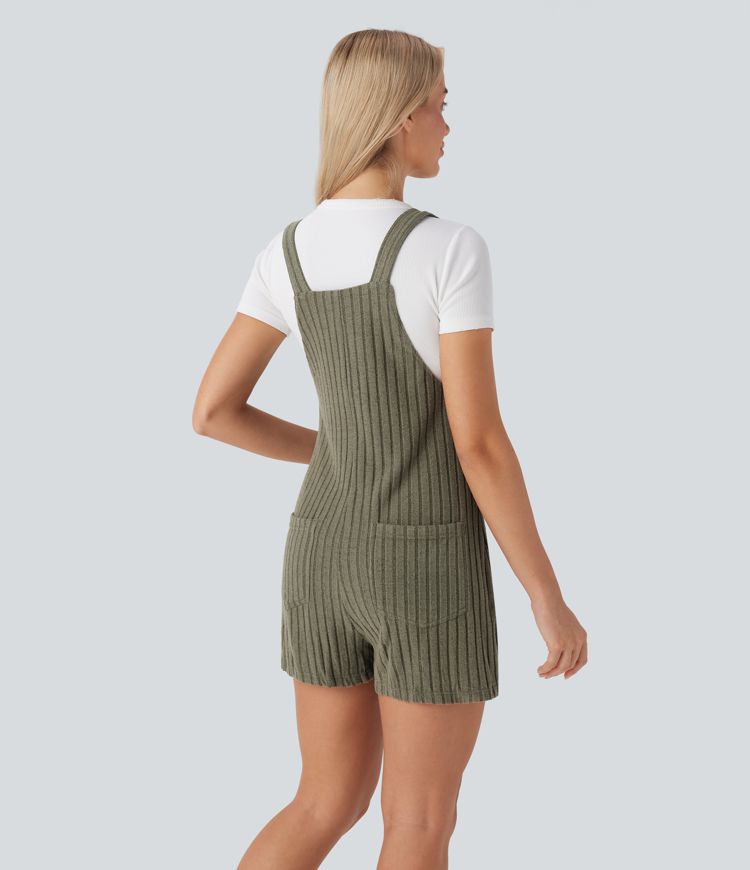 Ribbed Knit Pockets Casual Overalls