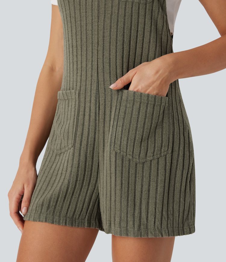 Ribbed Knit Pockets Casual Overalls