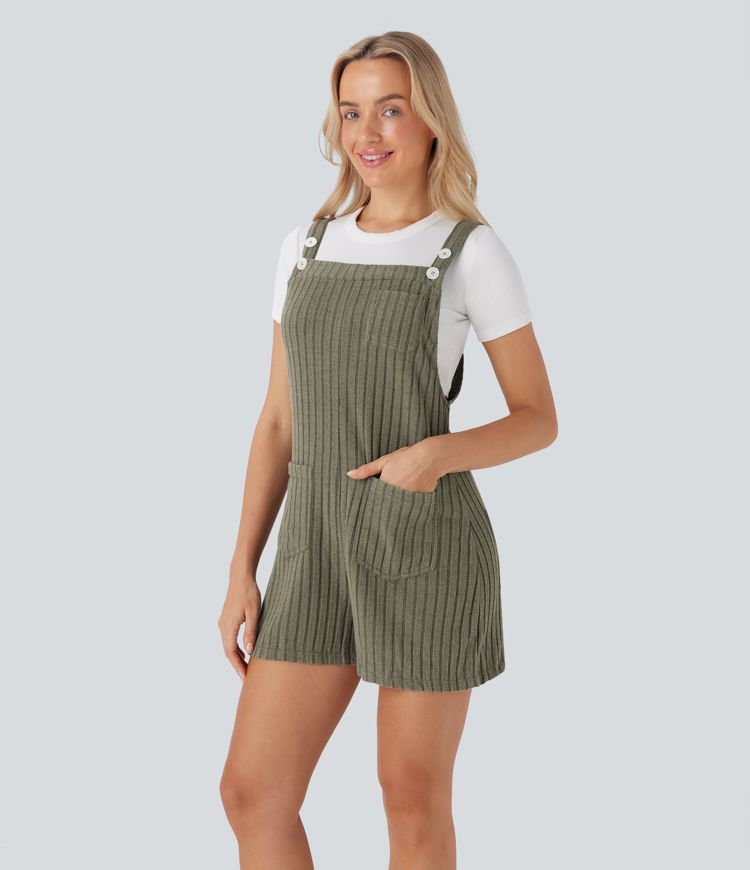 Ribbed Knit Pockets Casual Overalls