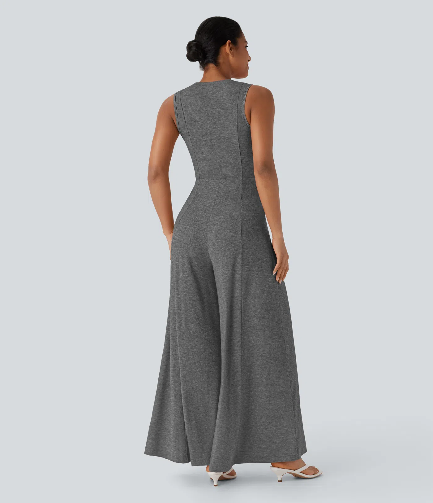 Henley Neck Sleeveless Wide Leg Flowy Casual Jumpsuit with Side Pockets