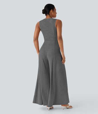 Mono casual ancho holgado sin mangas con cuello Henley y bolsillos laterales