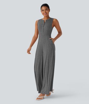 Mono casual ancho holgado sin mangas con cuello Henley y bolsillos laterales