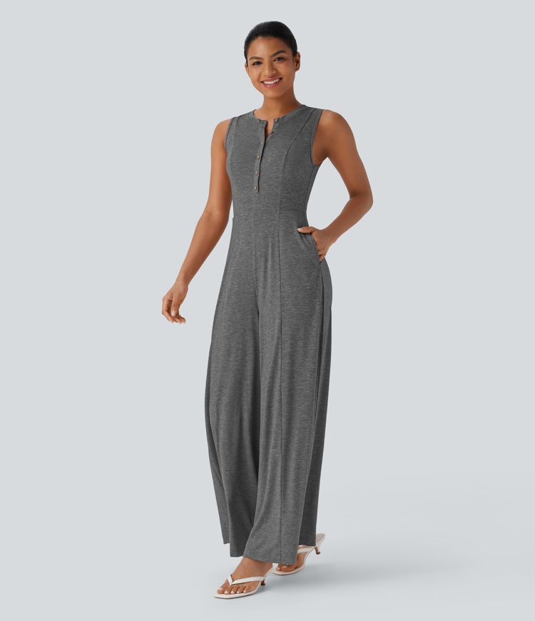 Mono casual ancho holgado sin mangas con cuello Henley y bolsillos laterales