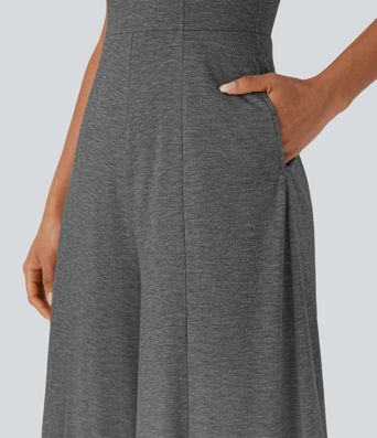 Mono casual ancho holgado sin mangas con cuello Henley y bolsillos laterales