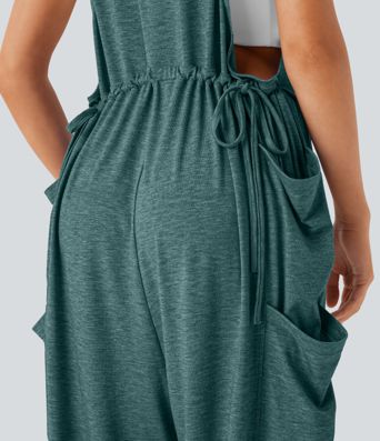 U Neck Drawstring Pockets Casual Jumpsuit