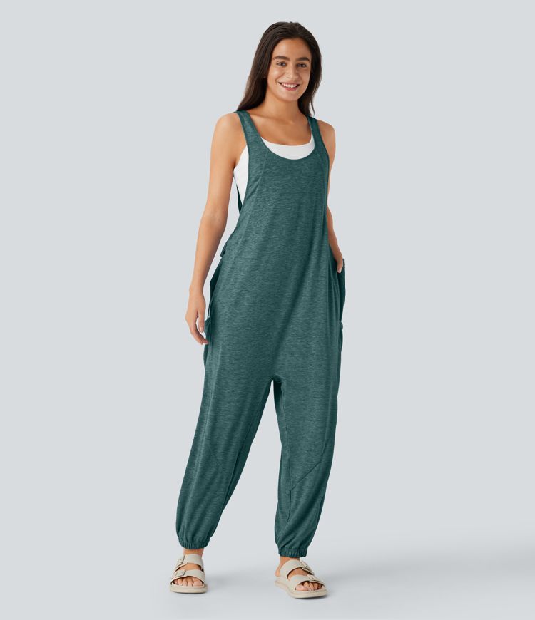 U Neck Drawstring Multiple Pockets Casual Jumpsuit