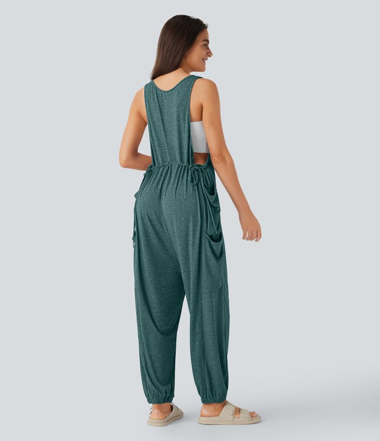 U Neck Drawstring Multiple Pockets Casual Jumpsuit