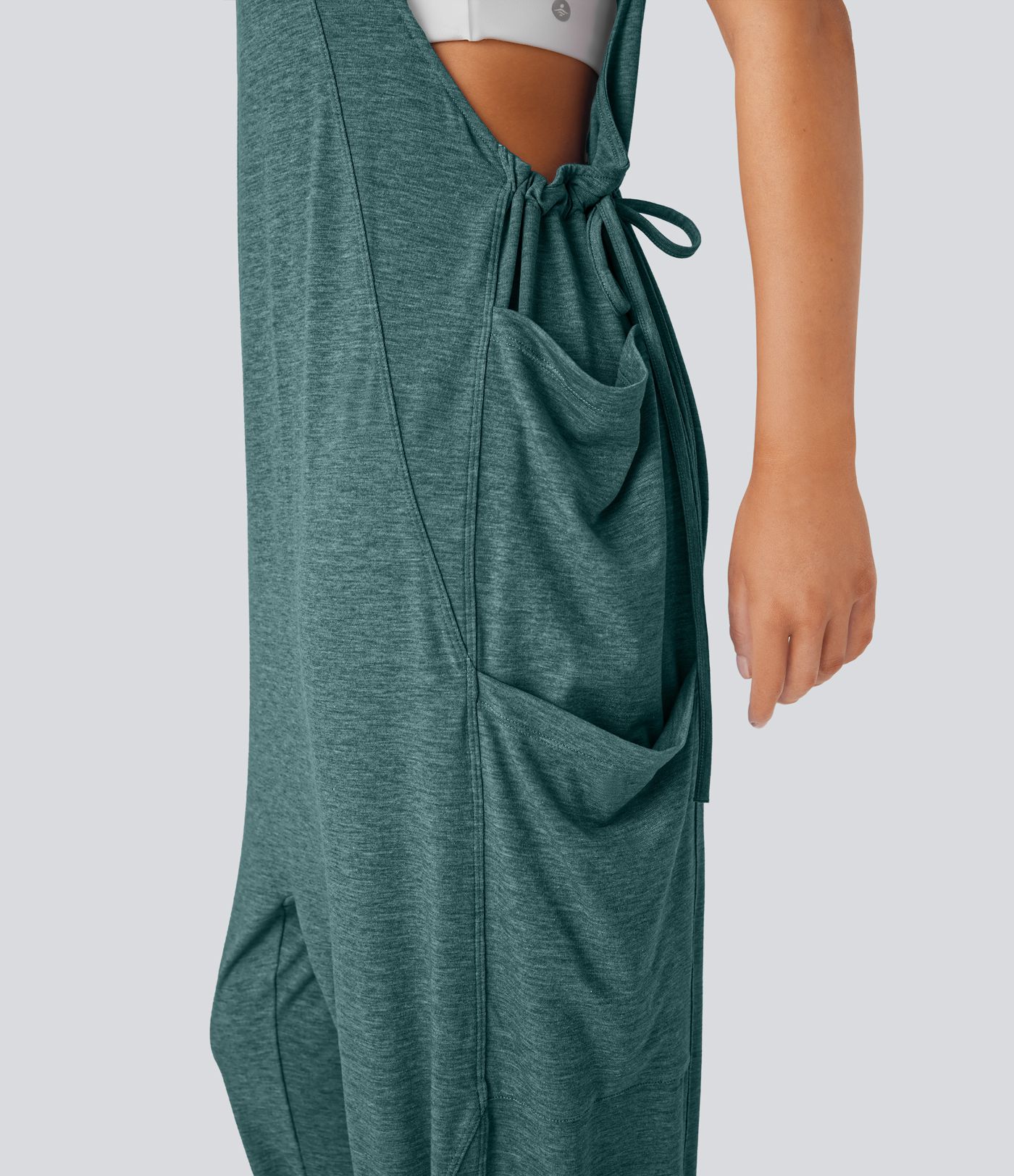 U Neck Drawstring Pockets Casual Jumpsuit