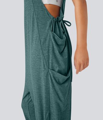 U Neck Drawstring Pockets Casual Jumpsuit