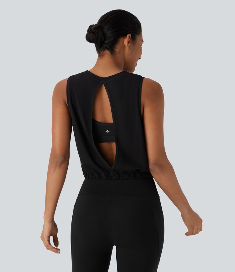 Sheer Mesh Cut Out Drawstring Hem Running Tank Top