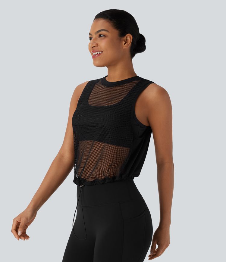 Sheer Mesh Cut Out Drawstring Hem Running Tank Top