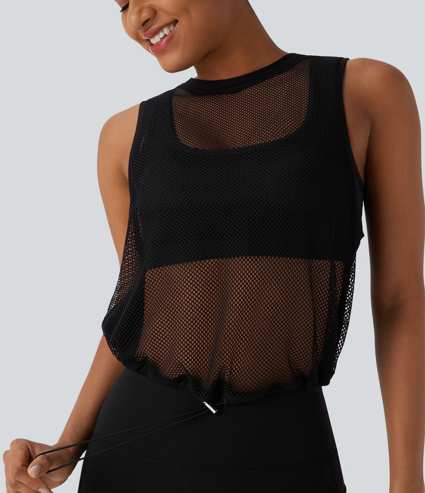 Transparentes, rückenfreies Lauf-Tanktop aus Mesh mit Kordelzug und Cut-Outs