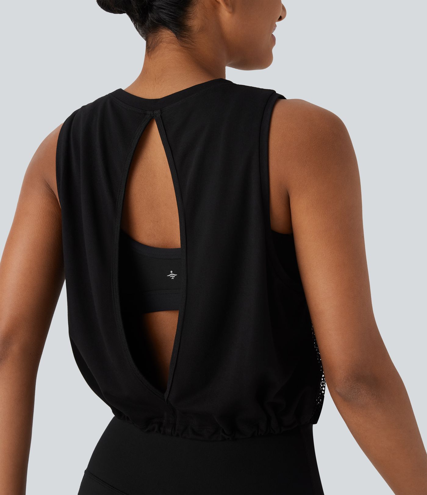 Transparentes, rückenfreies Lauf-Tanktop aus Mesh mit Kordelzug und Cut-Outs