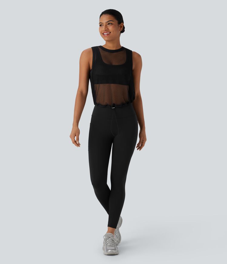 Transparentes, rückenfreies Lauf-Tanktop aus Mesh mit Kordelzug und Cut-Outs