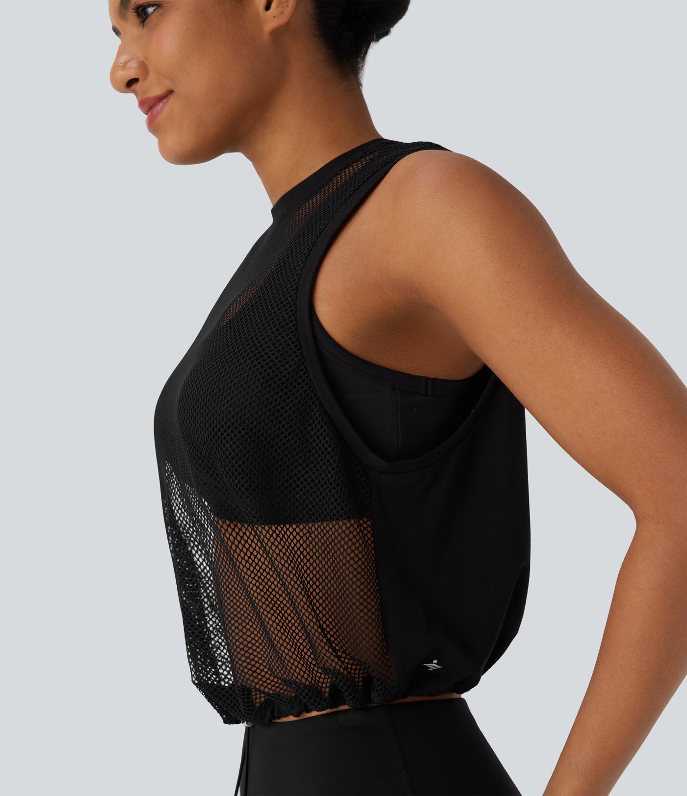 Transparentes, rückenfreies Lauf-Tanktop aus Mesh mit Kordelzug und Cut-Outs